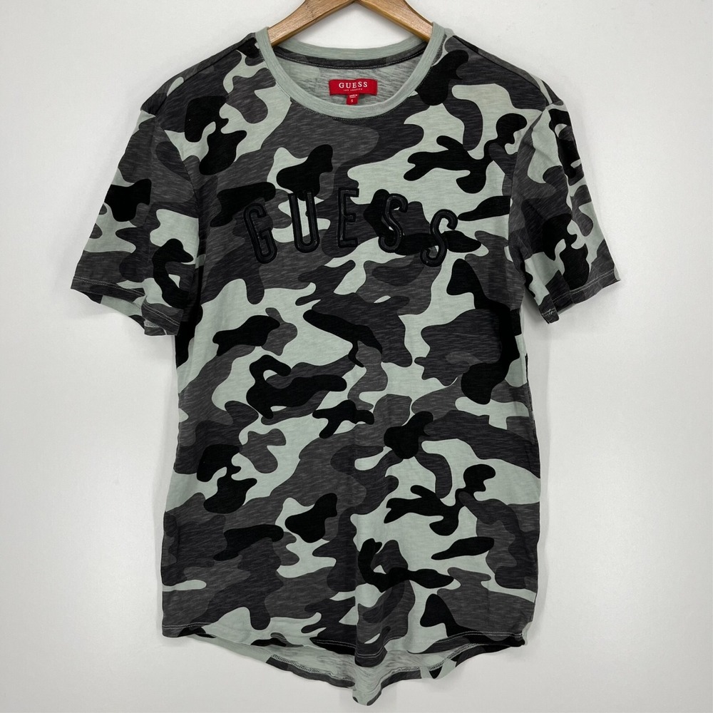 Guess Los Angeles Mens Camo Slub Knit T-Shirt Grey Mint Green Embroidered Small